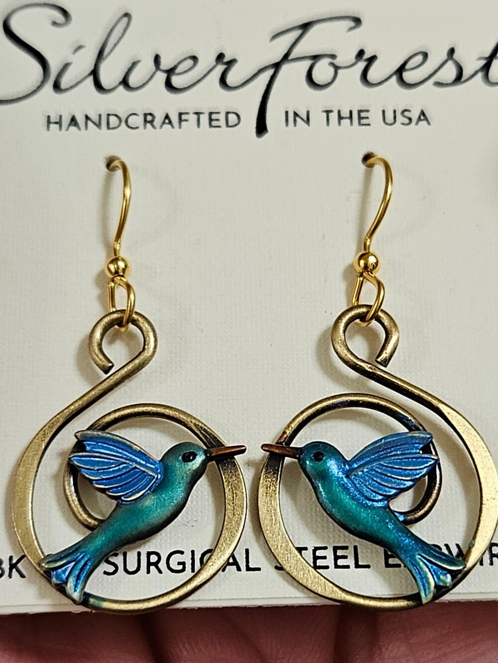 18K Surgical Steel Silver Forest Hummingbird on Gold-Tone Coil Drop Earrings